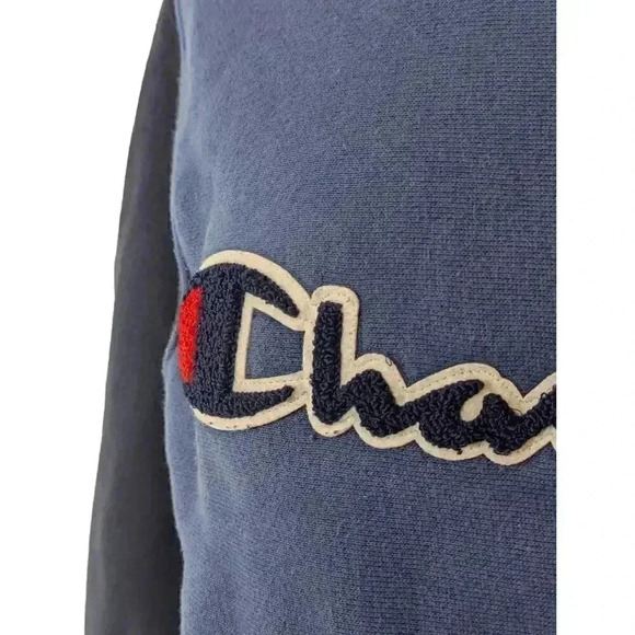Vintage Champion Logo 2 Tone Blue Crew Neck Sweatshirt Front Pocket Small - Picture 4 of 9